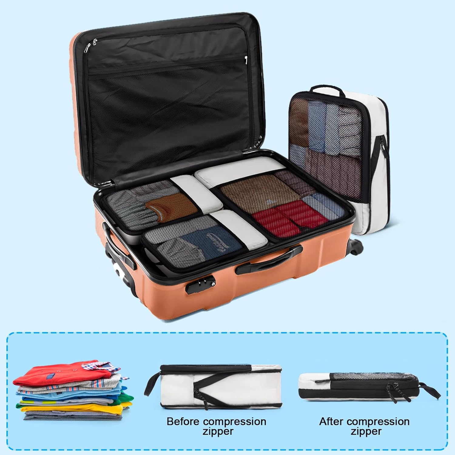 SDGFUI Compression Packing Cubes for Suitcases, 4 Pcs Set Packaging Bags Space Saving Travel Essentials, Compressible Expandable Luggage Organizer Bags Set for Carry On - Image 6