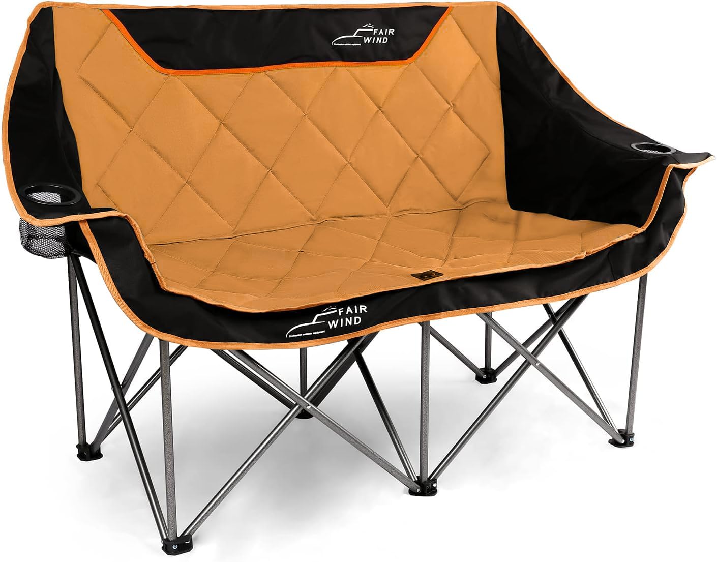 FAIR WIND Oversized Fully Padded Camping Chair Folding Loveseat Camping Couch Double Duo Chair Heavy Duty Quad Fold Chair Arm Chair with Cup Hold - Supports 650 LBS Orange