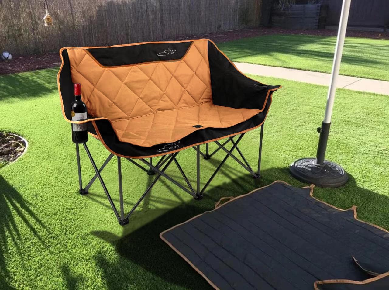FAIR WIND Oversized Fully Padded Camping Chair Folding Loveseat Camping Couch Double Duo Chair Heavy Duty Quad Fold Chair Arm Chair with Cup Hold - Supports 650 LBS Orange - Image 2