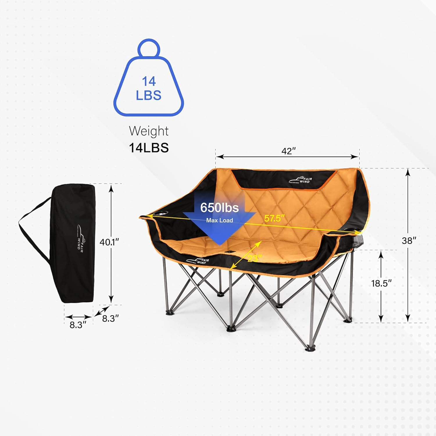 FAIR WIND Oversized Fully Padded Camping Chair Folding Loveseat Camping Couch Double Duo Chair Heavy Duty Quad Fold Chair Arm Chair with Cup Hold - Supports 650 LBS Orange - Image 3