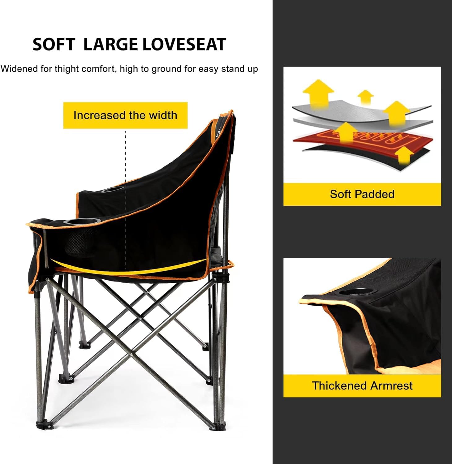 FAIR WIND Oversized Fully Padded Camping Chair Folding Loveseat Camping Couch Double Duo Chair Heavy Duty Quad Fold Chair Arm Chair with Cup Hold - Supports 650 LBS Orange - Image 4