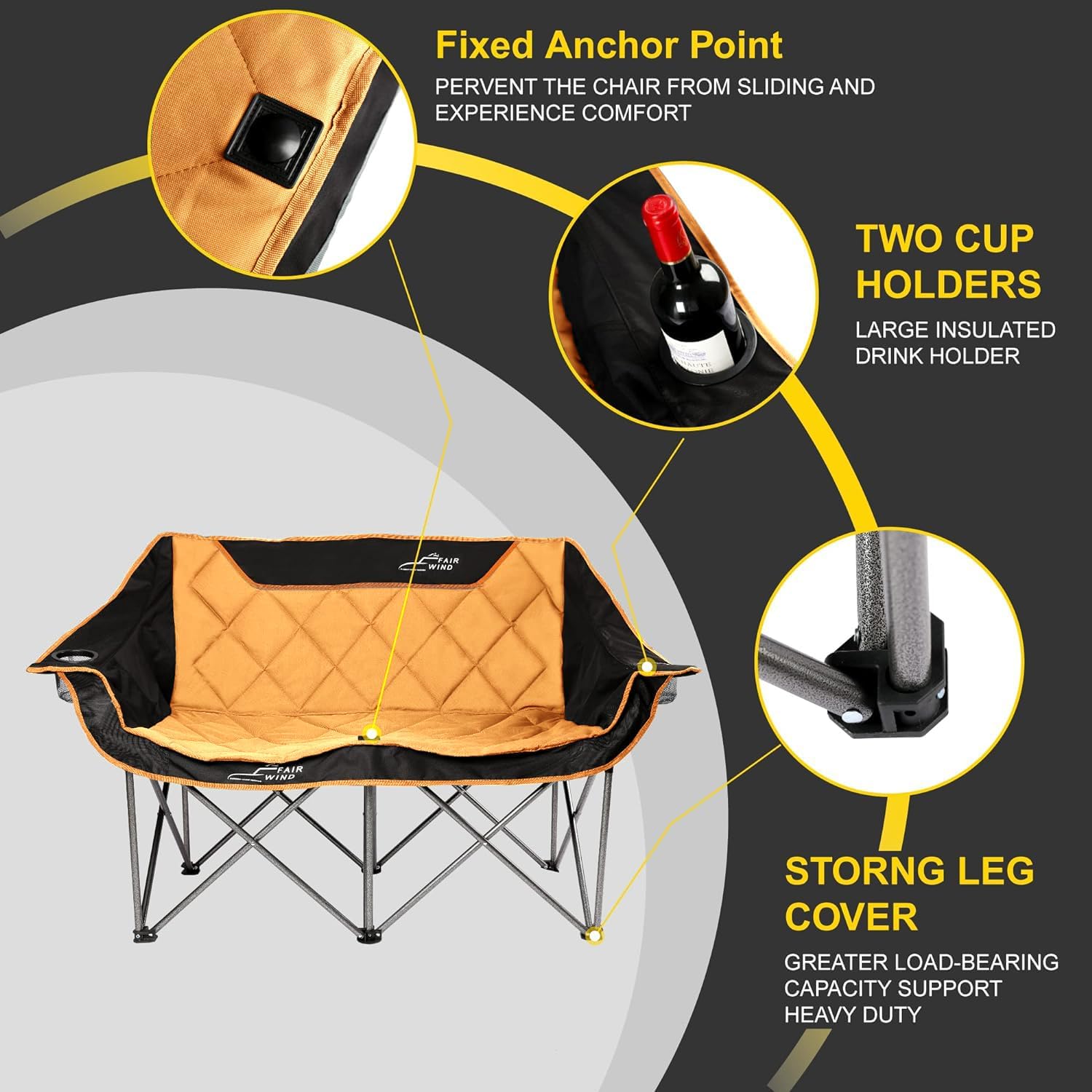FAIR WIND Oversized Fully Padded Camping Chair Folding Loveseat Camping Couch Double Duo Chair Heavy Duty Quad Fold Chair Arm Chair with Cup Hold - Supports 650 LBS Orange - Image 7