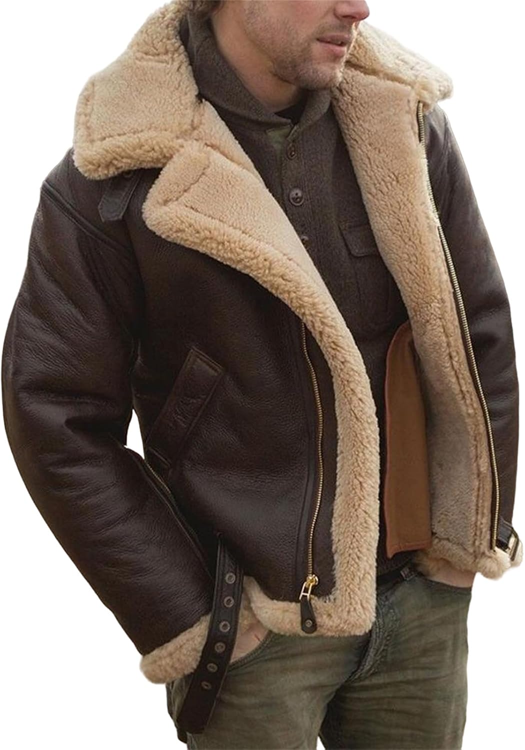Men’s Aviator Flying B3 Shearling Faux Sheepskin Leather Bomber Jackets Casual Warm Winter Coats