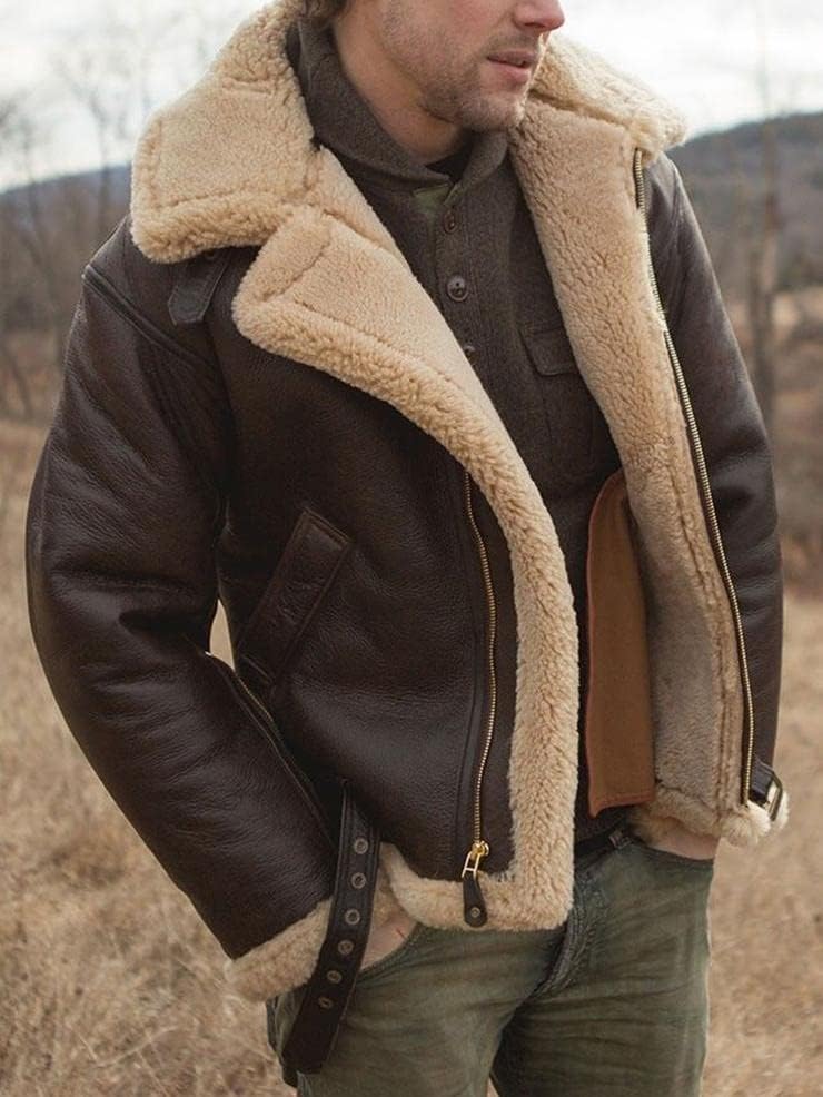 Men’s Aviator Flying B3 Shearling Faux Sheepskin Leather Bomber Jackets Casual Warm Winter Coats