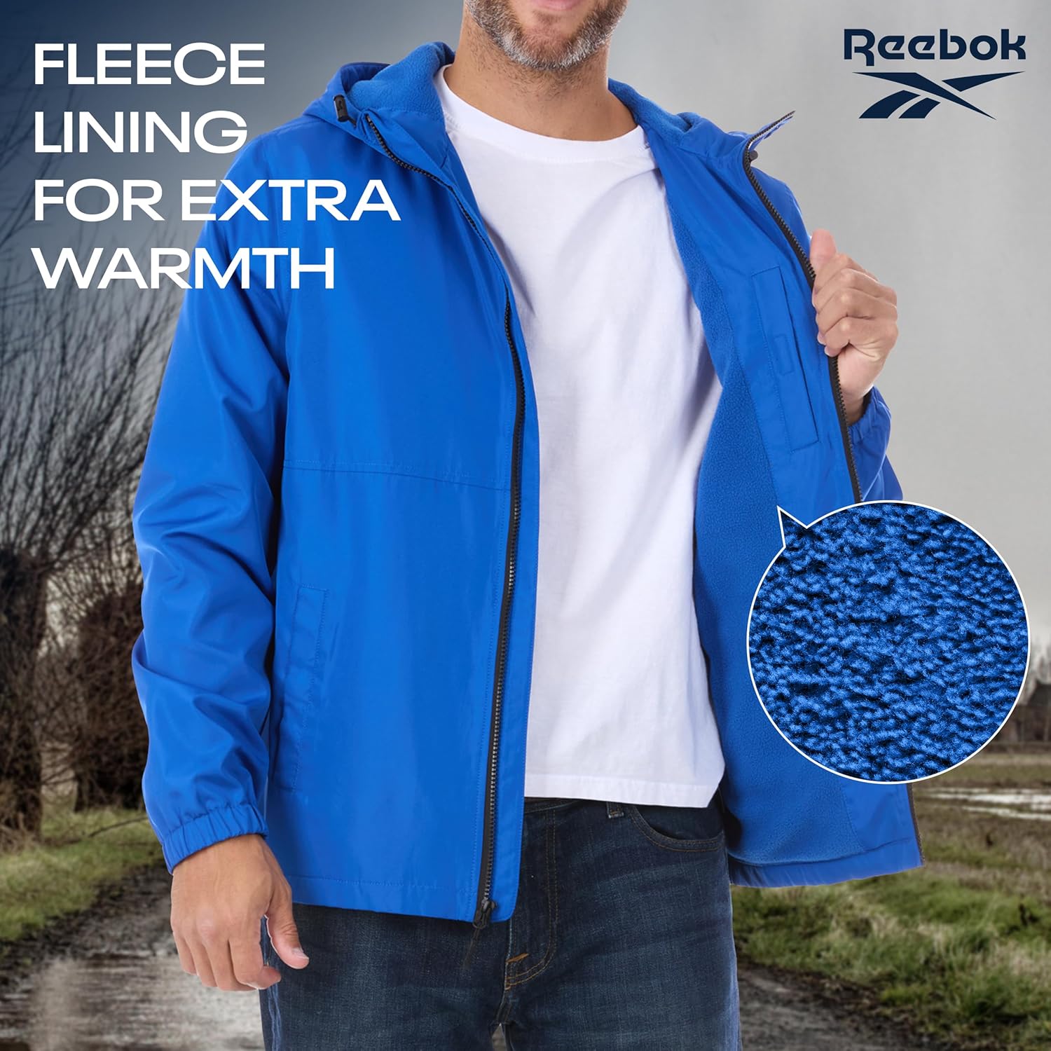 Reebok Rain Jacket Men with Hood, Windbreaker Men Lightweight Waterproof Jacket - Image 5