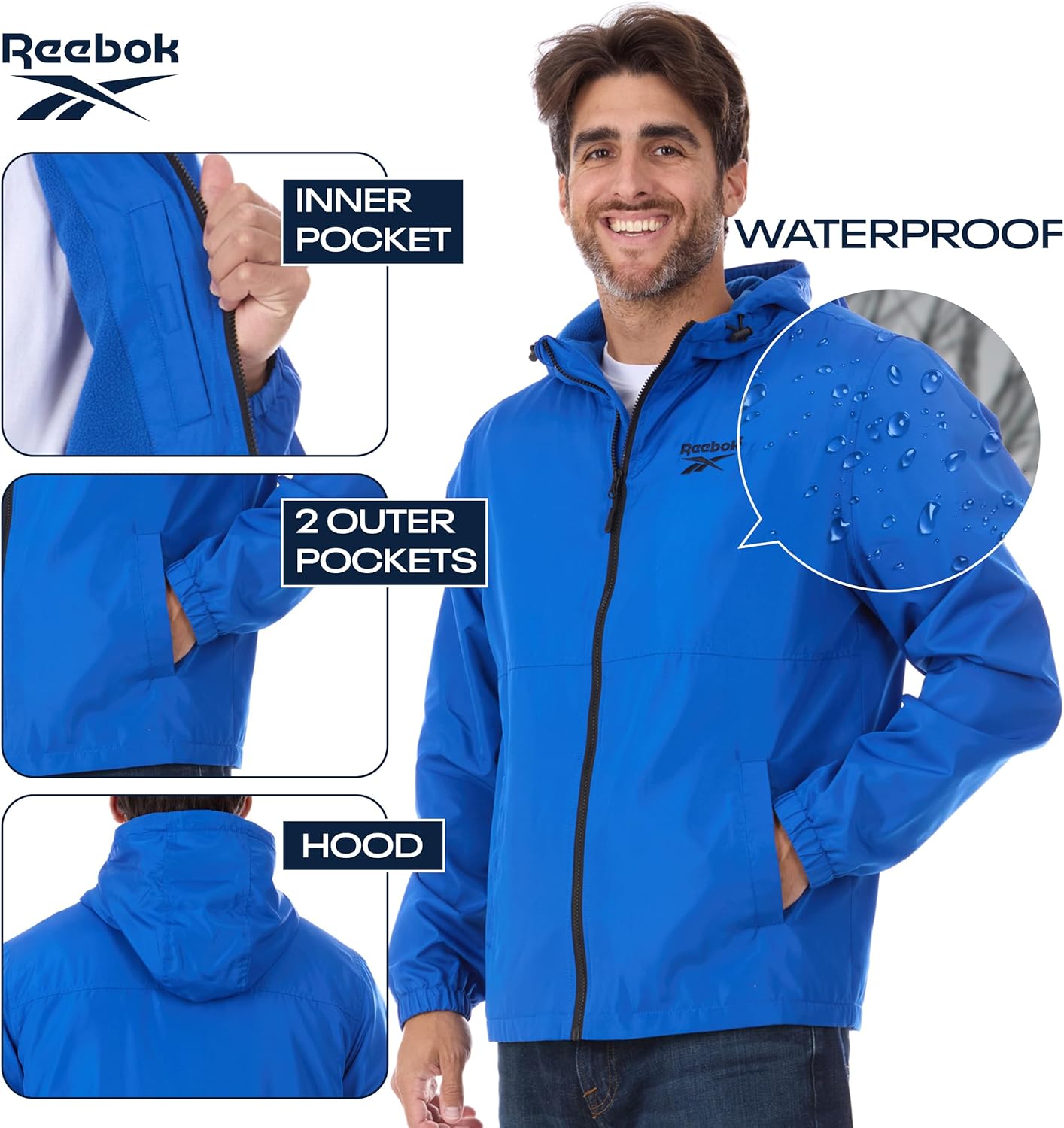 Reebok Rain Jacket Men with Hood, Windbreaker Men Lightweight Waterproof Jacket - Image 6